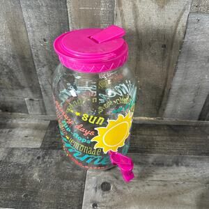 Vintage Sun Tea Gallon Glass Jar Beverage Dispenser Pink Lid Sun Spellout